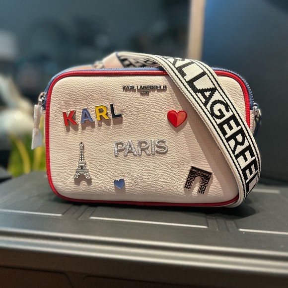 KARL LAGERFELD WOMEN BAGS CROSSBODY MAYBELLE MULTICOLOR (WHITE WITH PINS) - Picture 1 of 7